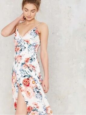 MINKPINK Floral White Slip Dress with Peach & Blue Blooms